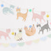 Cute Kittens Garland Set with pastel illustrated cat cutouts, honeycomb ball accents, party hat details, and scalloped bunting on a white background.