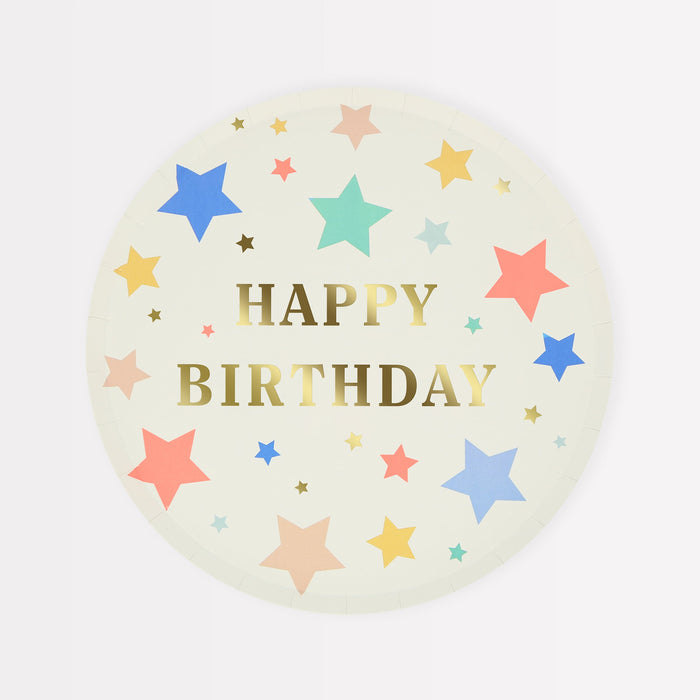 Happy Birthday Stars Side Plate with gold birthday lettering and colorful stars on a soft cream background.
