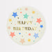 Happy Birthday Stars Side Plate with gold birthday lettering and colorful stars on a soft cream background.
