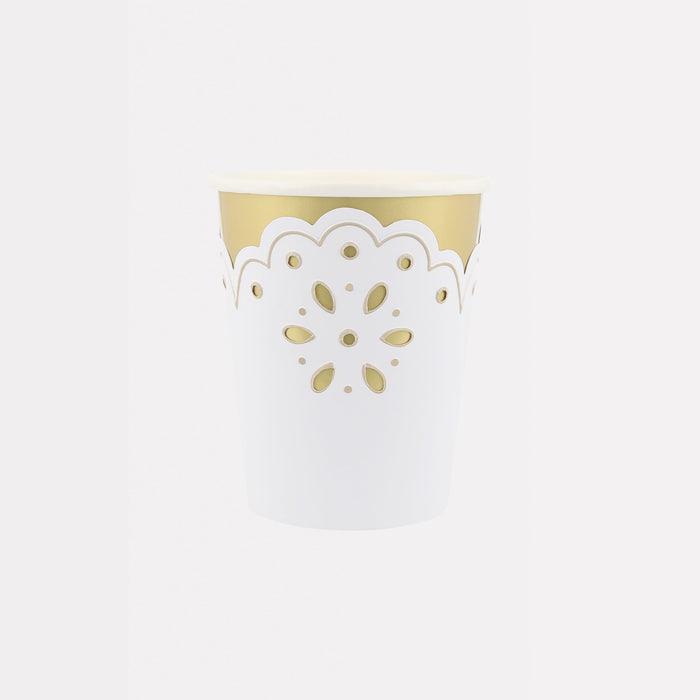 White Lace Style Cup with scalloped trim, floral cutout details, and soft gold interior accents on a white background.