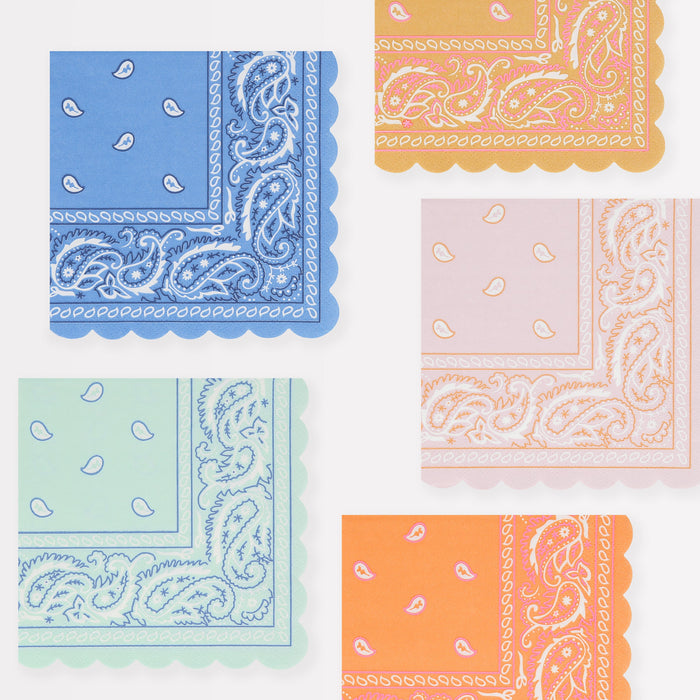 Western Small Napkins featuring bandana-style paisley corner designs in blue, mint, pink, and orange with western motifs.
