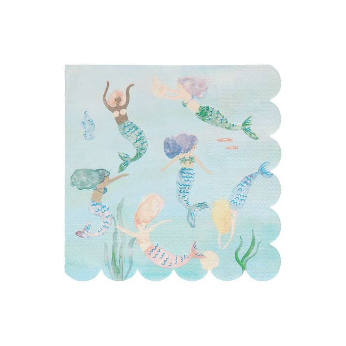 Mermaids Swimming Napkins with watercolor mermaids, fish, seaweed, ocean details, and scalloped edges on a pale blue background.