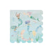 Mermaids Swimming Napkins with watercolor mermaids, fish, seaweed, ocean details, and scalloped edges on a pale blue background.