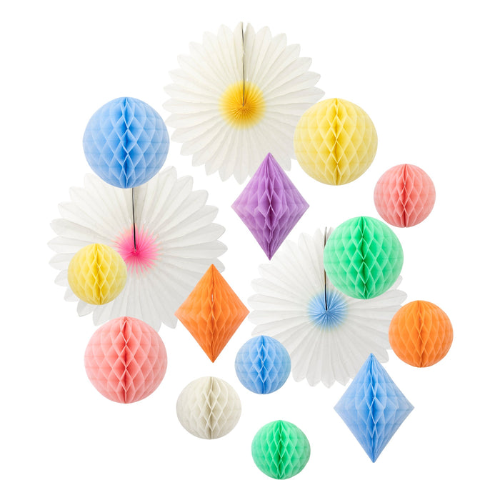 Pastel Honeycomb Decoration Kit with assorted paper balls, diamond shapes, and fan decorations in blue, yellow, coral, mint, orange, purple, and white on a white background.
