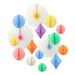 Pastel Honeycomb Decoration Kit with assorted paper balls, diamond shapes, and fan decorations in blue, yellow, coral, mint, orange, purple, and white on a white background.