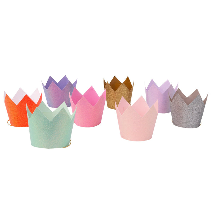 Mini Glitter Party Crowns in assorted colors including orange, mint, pink, gold, lavender, and silver on a white background.