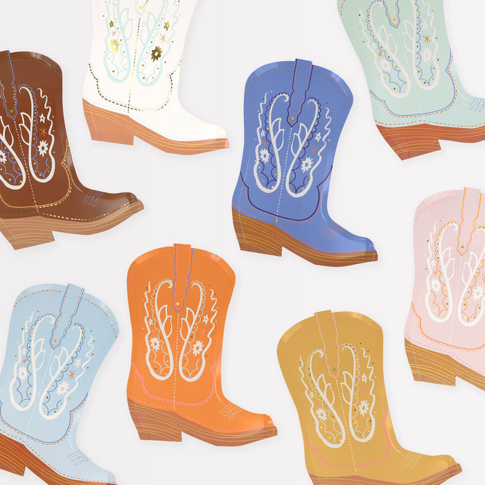 Western Boot plates in assorted colorful cowboy boot designs with decorative stitching, floral details, and gold accents.