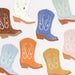 Western Boot plates in assorted colorful cowboy boot designs with decorative stitching, floral details, and gold accents.