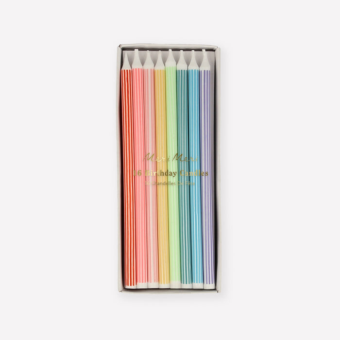 Mixed Striped Candles in clear packaging with 16 white birthday candles featuring thin vertical stripes in assorted bright and pastel colors.