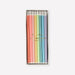 Mixed Striped Candles in clear packaging with 16 white birthday candles featuring thin vertical stripes in assorted bright and pastel colors.