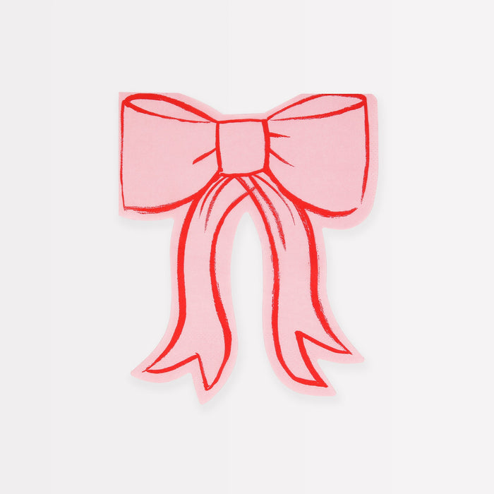 Pink bow-shaped napkin with red outline details, designed for decorative party tableware.
