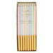 Pastel Gold Dipped Candles in clear packaging with soft pastel birthday candles featuring metallic gold dipped ends.