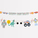 Toybox Icon Garland featuring a colorful Happy Birthday banner with hanging toy-themed icons including robots, dinosaurs, smiley faces, cars, googly eyes, and lightning bolts.
