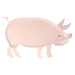 On The Farm Pig Plate shaped like a soft pink pig with a curly tail, snout, legs, blush cheek, and illustrated face on a white background.