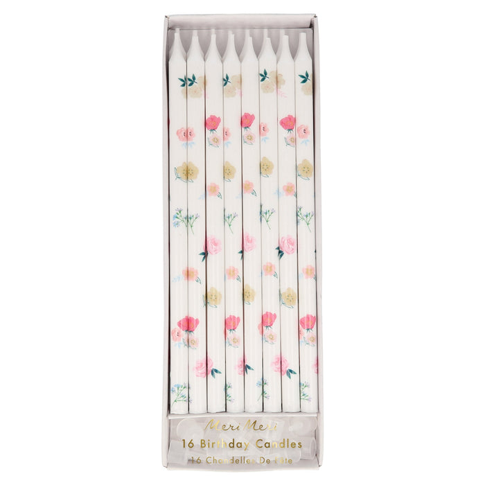 Floral Pattern Candles in clear packaging with white birthday candles decorated with delicate pink, yellow, and green floral prints.