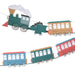 Train Garland with colorful paper locomotive, coal car, and passenger cars hanging on string against a white background.
