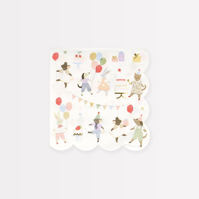 Animal Friends Small Napkins featuring illustrated animals celebrating with balloons, cake, and gifts on scalloped white napkins.
