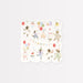Animal Friends Small Napkins featuring illustrated animals celebrating with balloons, cake, and gifts on scalloped white napkins.
