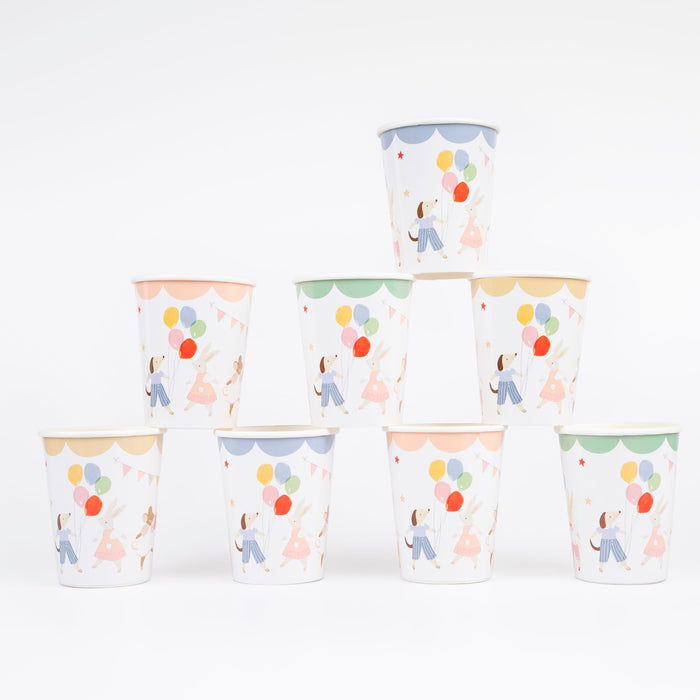 Animal Friends paper cups with illustrated animals, balloons, bunting, and pastel scalloped borders.