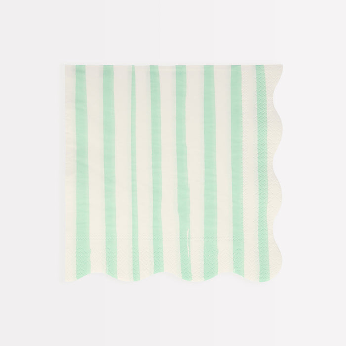 Mint Stripe Large Napkin with soft mint vertical stripes, cream background, and wavy scalloped edges on a white background.