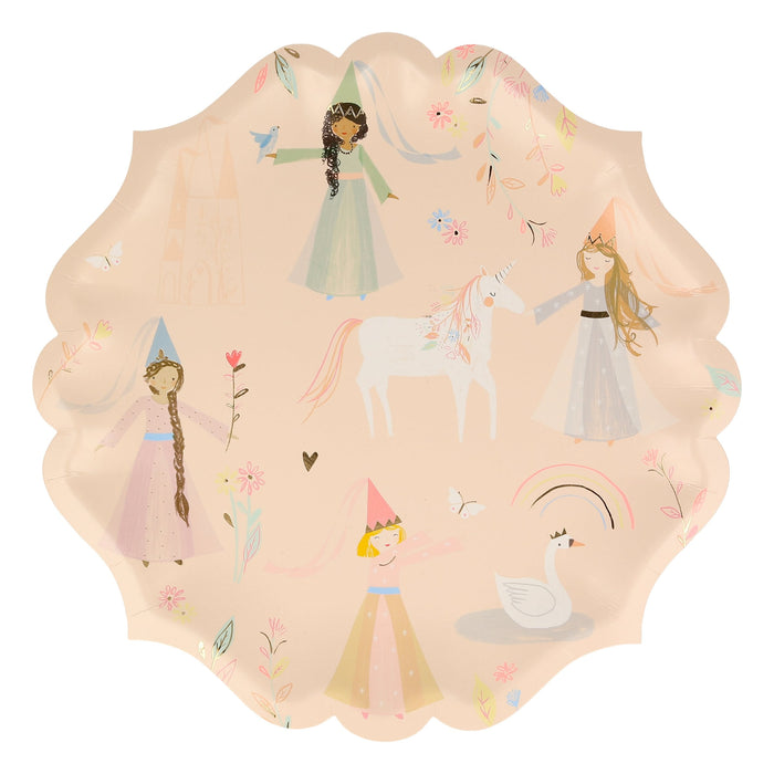 Fairytale Princess Large Plate with illustrated princesses, a unicorn, swan, castle, rainbow, flowers, butterflies, and scalloped peach edges.