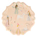 Fairytale Princess Large Plate with illustrated princesses, a unicorn, swan, castle, rainbow, flowers, butterflies, and scalloped peach edges.