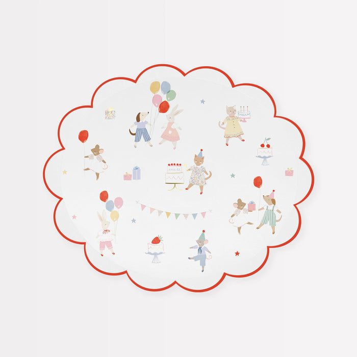 Animal Friends side plates with scalloped red border, illustrated animals, balloons, cakes, gifts, and party details.