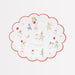 Animal Friends side plates with scalloped red border, illustrated animals, balloons, cakes, gifts, and party details.