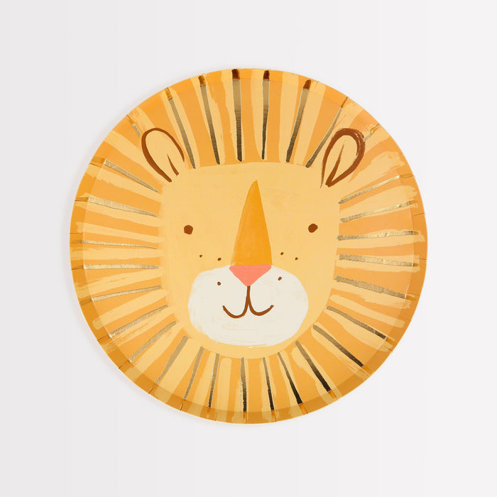 Lion Plate with friendly illustrated lion face, orange mane, gold accent details, and round paper plate shape on a white background.