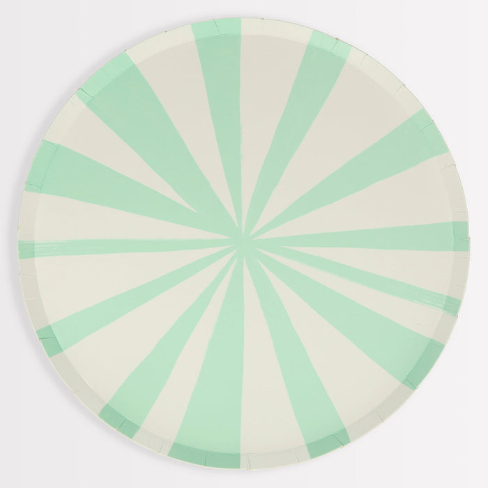 Mint Stripe Dinner Plate with soft mint green sunburst-style stripes on a cream background on a white surface.