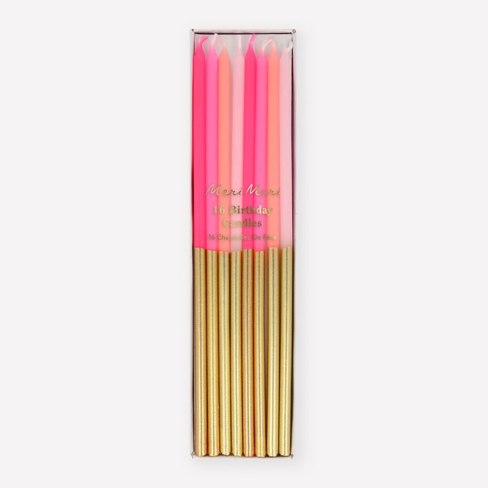 Gold Dipped Pink Mix Candles in clear packaging with long pink, coral, and blush birthday candles featuring metallic gold dipped ends.