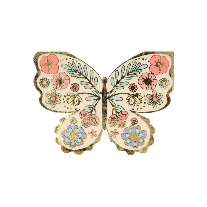 Floral Butterfly Napkins shaped like a butterfly with pastel flower illustrations, leafy details, and metallic gold accents on a white background.
