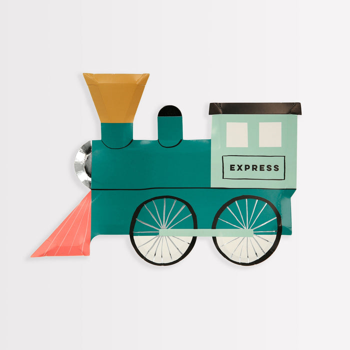 Train Plate shaped like a teal and mint train engine with black wheels, silver foil accents, coral detail, and “Express” text on a white background.