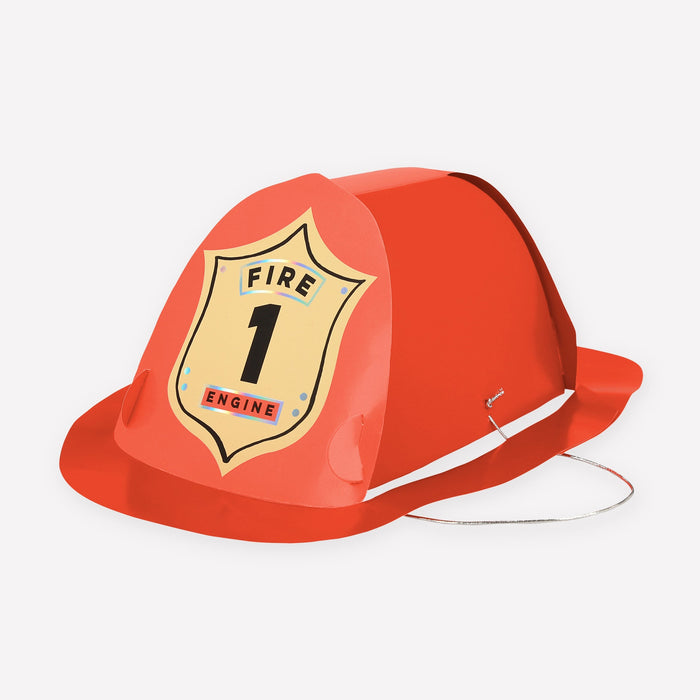 Red Firefighter Hat with front “Fire 1 Engine” badge, paper hat shape, and elastic band on a white background.
