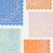 Western Large Napkins with assorted bandana-style paisley prints in blue, mint, pink, orange, and mustard with scalloped edges.