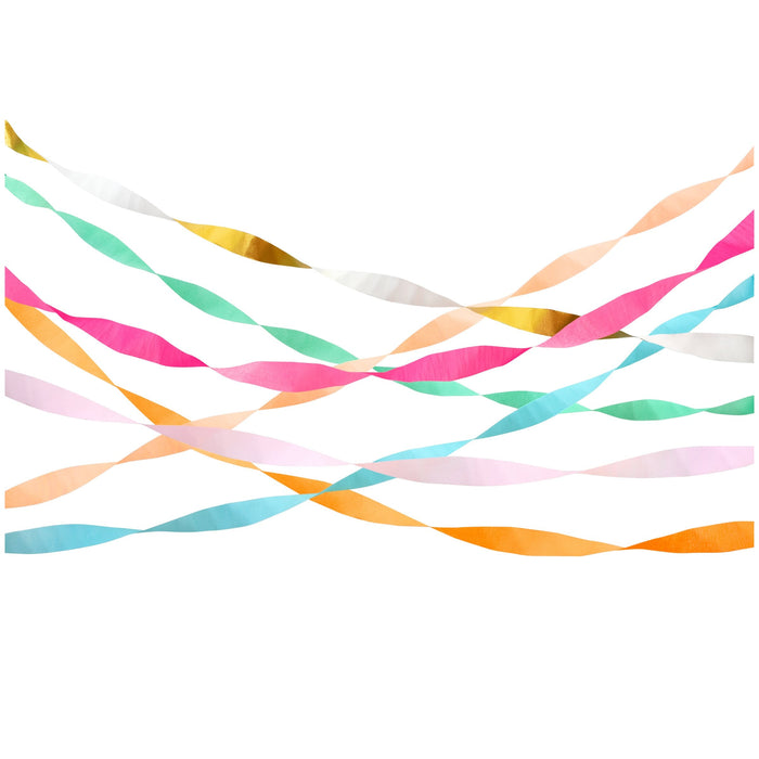 Bright Crepe Paper Streamers in assorted teal, mint, pink, orange, peach, white, and metallic gold colors.