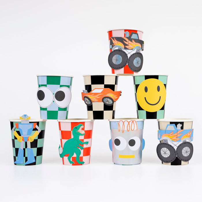 Toybox Icon paper cups with assorted robot, dinosaur, monster truck, silly face, and checkered designs.