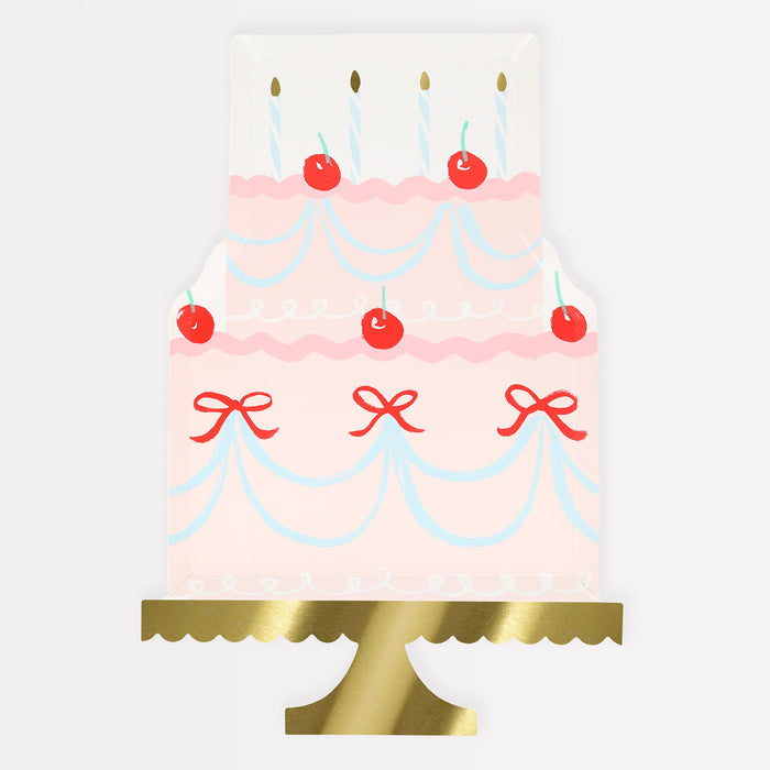 Fancy Cake Plate shaped like a tiered pink cake with candles, cherries, red bows, blue garland accents, and a gold cake stand.
