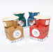 Train Cups in assorted red, blue, green, and tan engine designs with smokestacks, wheels, and window details on a white background.