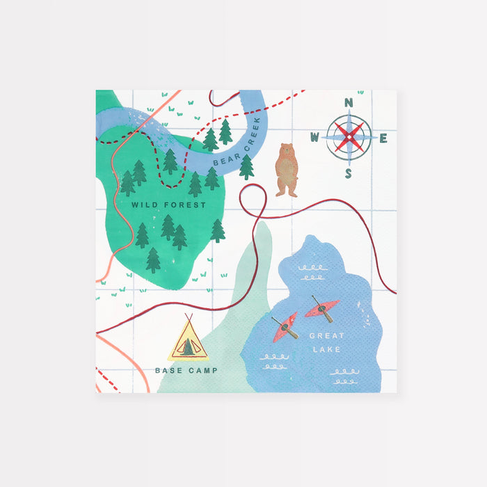Outdoor Adventures Map Large Napkin with illustrated forests, lakes, compass, trail lines, bear, tent, and camping map details on a white background.