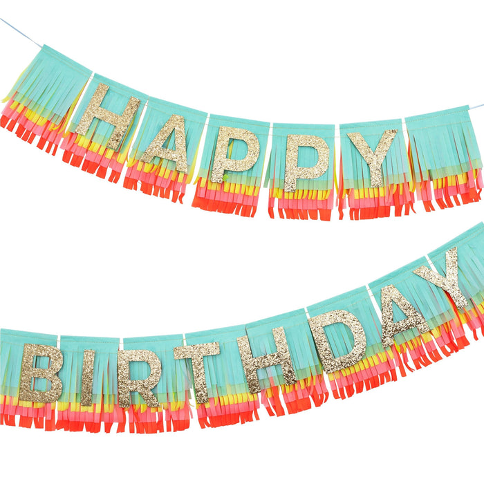 Rainbow Happy Birthday Fringe Garland Set with colorful layered fringe and glittery gold Happy Birthday letters on a white background.