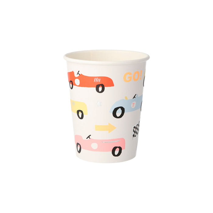 Race Car Party Cup with colorful race car graphics, racing numbers, arrows, checkered flag, and “GO!” text on a white background.