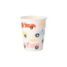 Race Car Party Cup with colorful race car graphics, racing numbers, arrows, checkered flag, and “GO!” text on a white background.