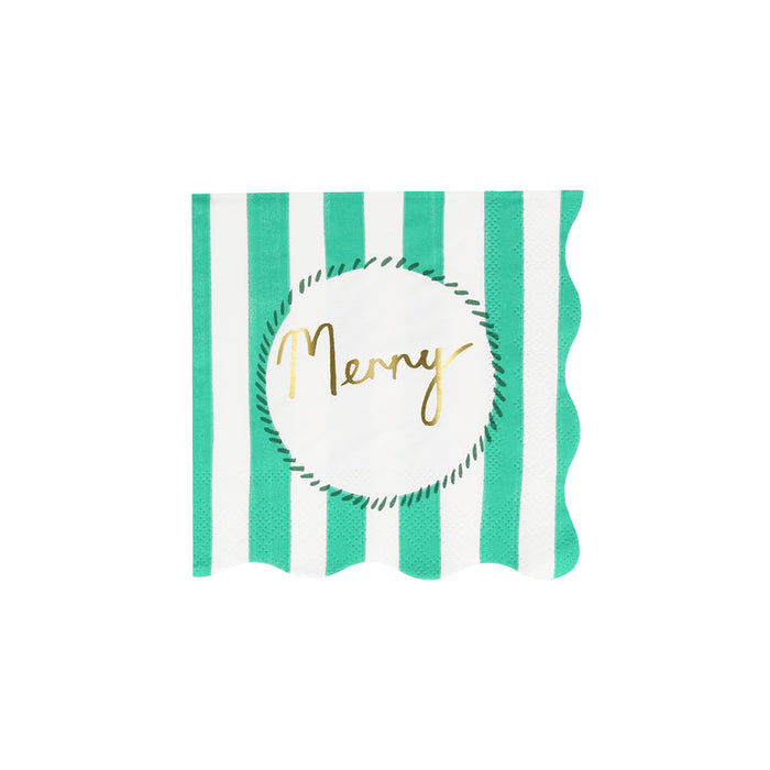 Striped Christmas Beverage Napkin, green stripe "Merry" design