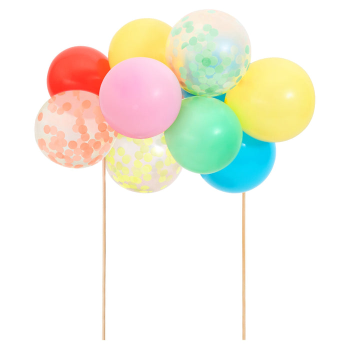Rainbow Balloon Cake Topper Kit with colorful mini balloons, clear confetti balloons, and wooden picks on a white background.