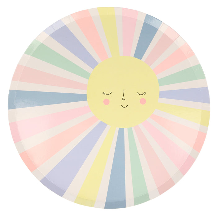 Rainbow Sun Dinner Plate with a smiling yellow sun center and pastel rainbow rays in pink, blue, mint, yellow, and lavender on a white background.