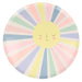 Rainbow Sun Dinner Plate with a smiling yellow sun center and pastel rainbow rays in pink, blue, mint, yellow, and lavender on a white background.