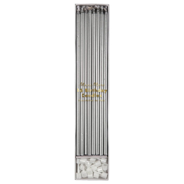 Silver Long Candles in clear packaging with 16 tall metallic silver birthday candles and white candle holders.