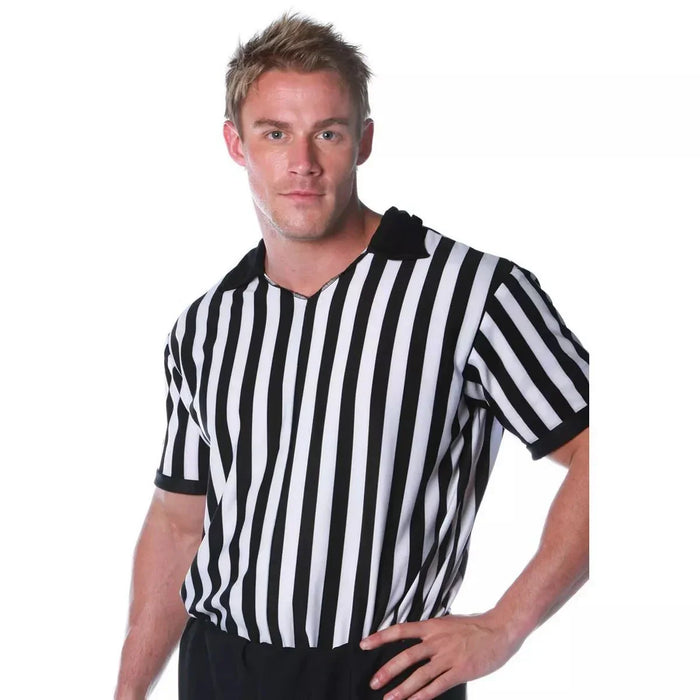 Men's black and white striped referee shirt with short sleeves and V-neckline, displayed on a male model against a white background.