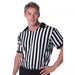 Men's black and white striped referee shirt with short sleeves and V-neckline, displayed on a male model against a white background.